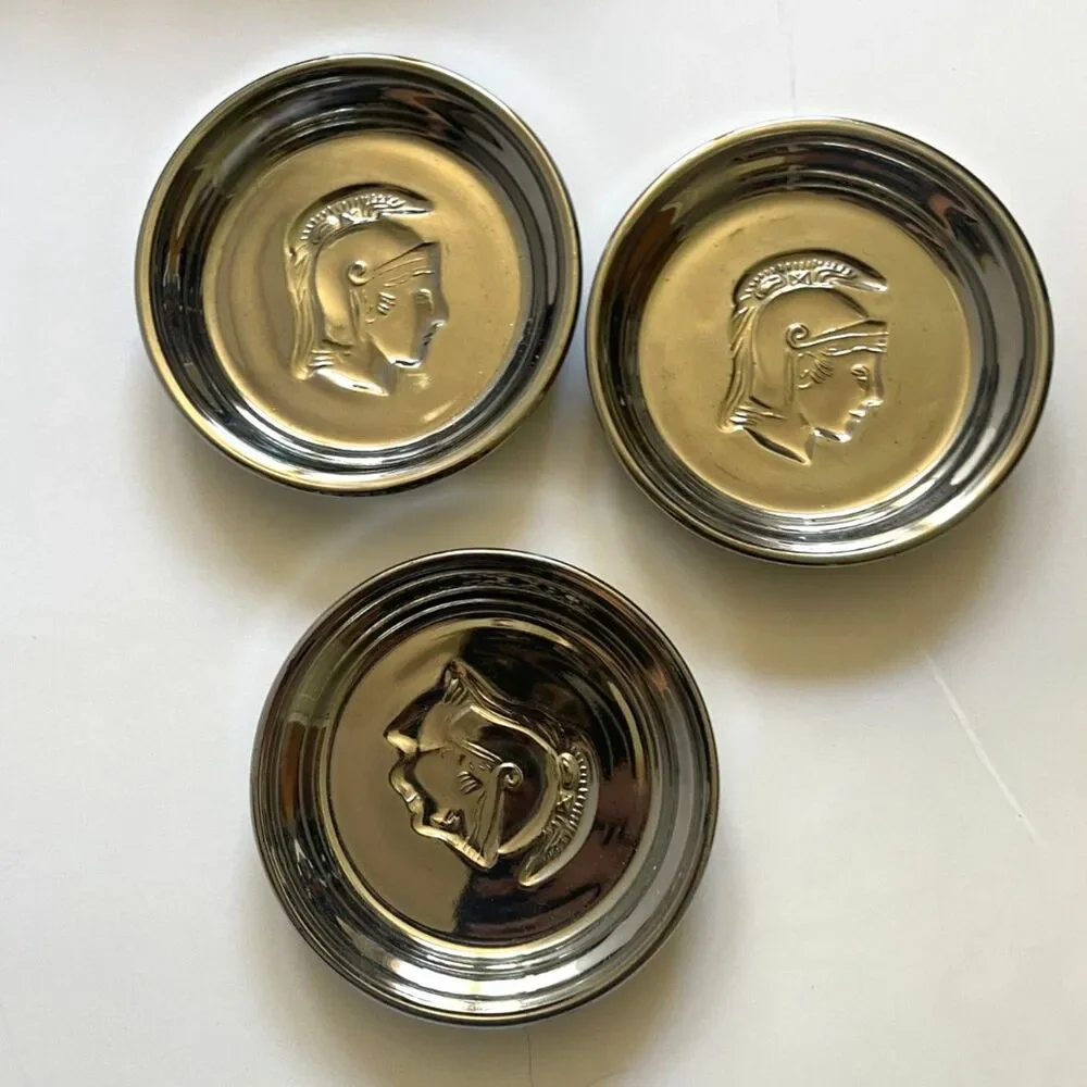 Vintage Mercury Glass Roman Soldier Coasters / Small Dish Set of 3 Gray Silver
